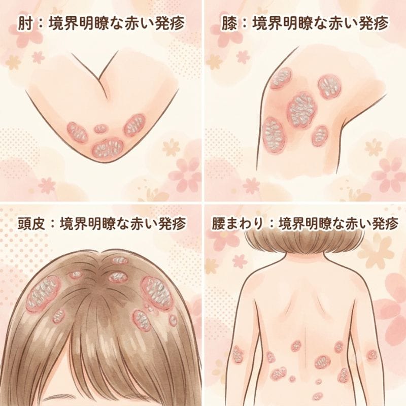 乾癬の症状イラスト：肘や膝に境界のはっきりした赤い発疹と、白っぽいカサカサ（鱗屑）があることを示す図