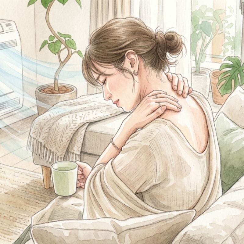 冷房による肩こりのイラスト：首・肩・背中まわりが冷気で冷やされやすいことを示す図