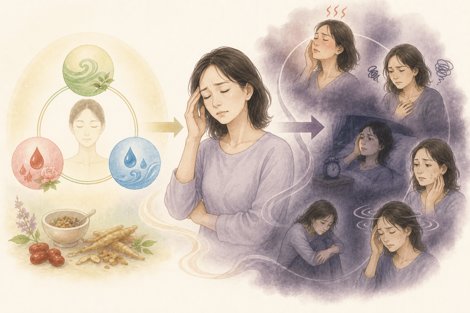 気血水のバランスと更年期の不調の関係を示すイラスト