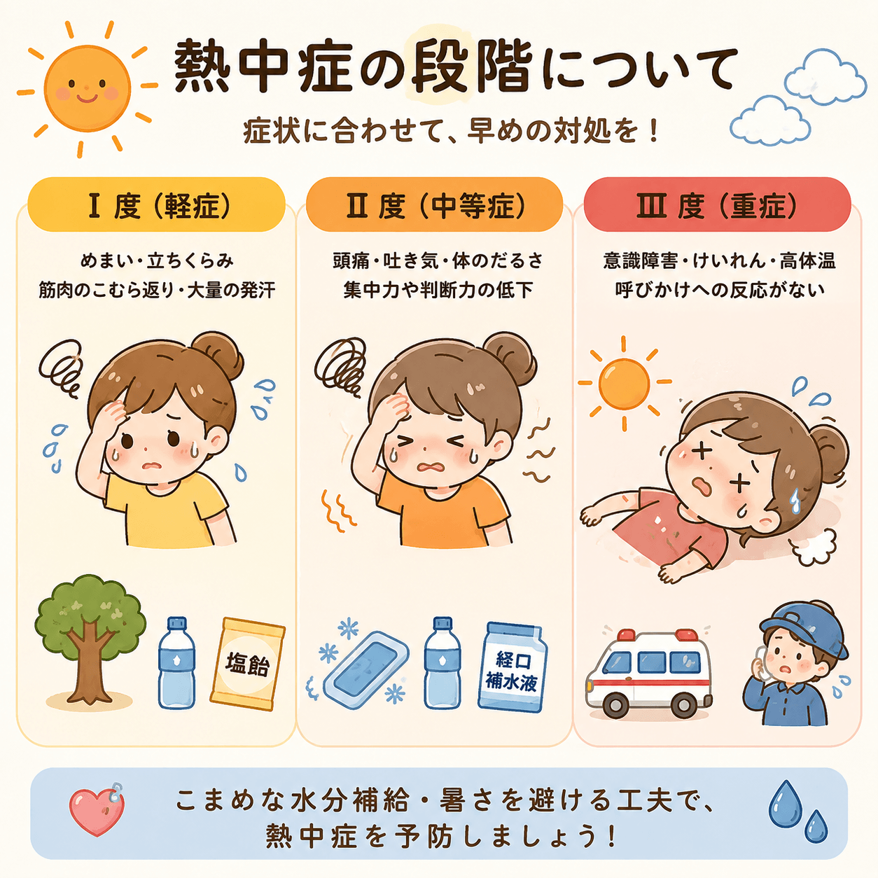 熱中症の重症度をあらわすイラスト：軽度・中等度・重度の段階を示す図
